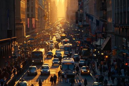 A busy city street with many cars and people walking. The sun is setting, casting a warm glow over the sceneの素材