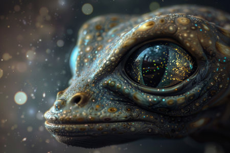 A close up of a lizard with a glowing eye. The lizard is surrounded by a blurry background, giving it a dreamy, ethereal qualityの素材