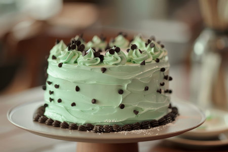a benta cake with mint frosting and chocolate chips on topの素材