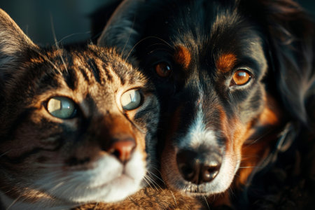 A cat and a dog are standing next to each other, with the dog looking at the cameraの素材