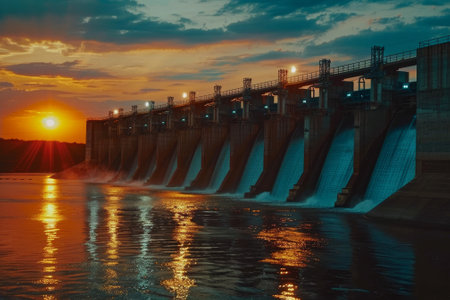 A hydroelectric dam at sunset, the warm, soft light reflecting off the water symbolizing the generation of clean, renewable energyの素材