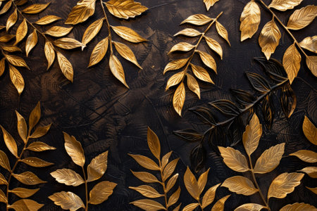 A luxurious background with a pattern of golden leaves against a black velvet backdrop, creating an abstract design that exudes opulence and grandeurの素材