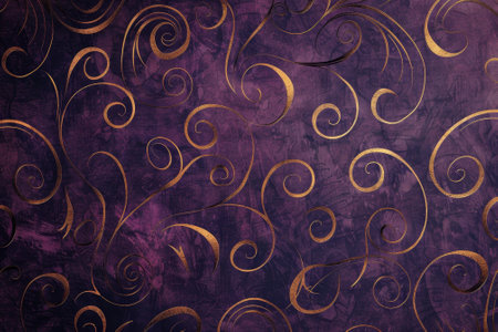 A luxurious business background with a pattern of golden swirls against a deep purple backdropの素材