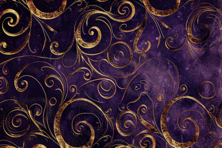 A luxurious business background with a pattern of golden swirls against a deep purple backdropの素材