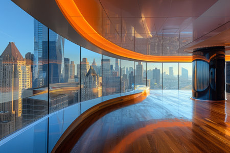 A luxurious business office with an abstract design, featuring a wall of glass that offers a panoramic view of the city skylineの素材
