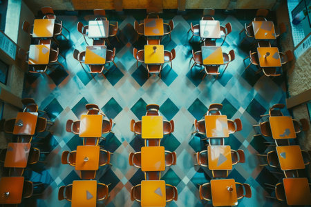 A school cafeteria with an abstract design, tables and chairs arranged in a unique pattern that symbolizes community and social interactionの素材