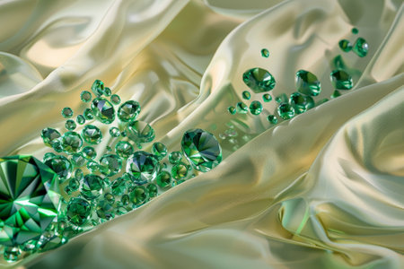 An abstract business background showcasing a cascade of emerald gemstones against a silk backdropの素材
