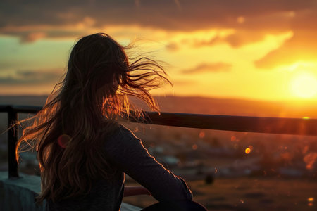 girl sitting on a balcony, watching the sunset, with her hair blowing in the wind.の素材