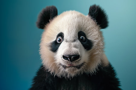 A baby panda with a surprised expression on its face. The panda is looking directly at the cameraの素材