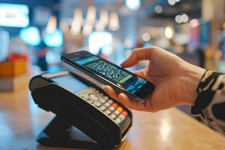person's hand holds a smartphone with a payment app open, positioned near a payment terminal.の素材