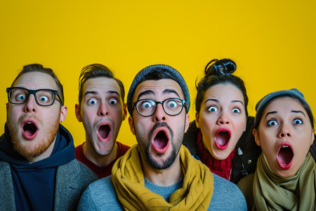 A group of people with glasses and one of them is wearing a yellow shirt. They are all looking at something and one of them is making a surprised faceの素材