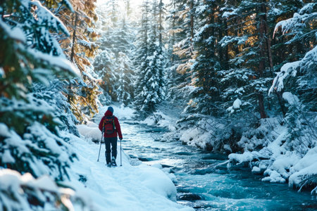 person snowshoeing through the woods.の素材