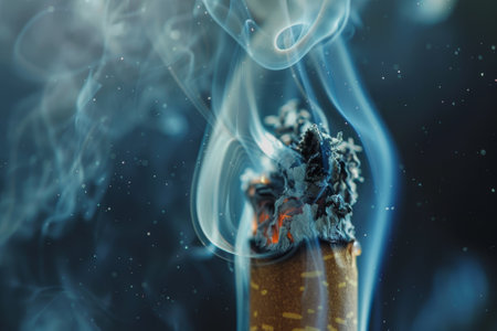 A cigarette is burning and the smoke is thick and dark. Scene is somber and seriousの素材