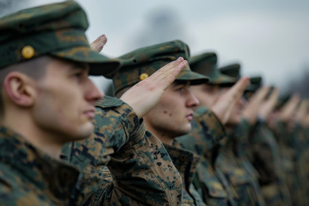 A group of soldiers are lined up and saluting. Scene is solemn and respectfulの素材