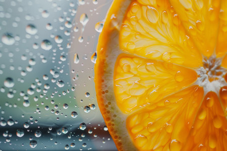 A close up of an orange with water droplets on itの素材