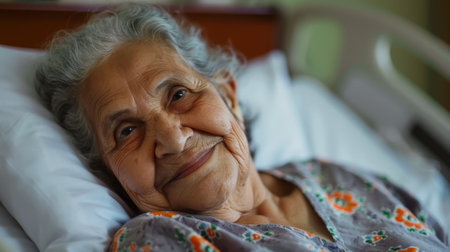 A woman in a hospital bed is smiling and looking at the camera. She is wearing a floral print dress and she is in a good moodの素材