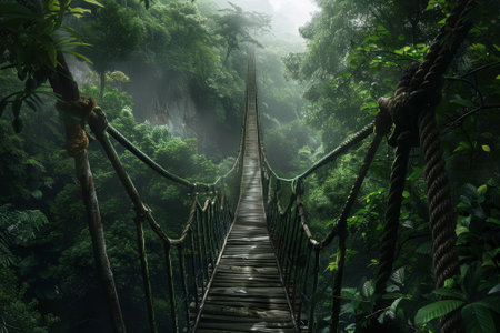 A bridge over a forest with a rope hanging from it. Scene is mysterious and eerieの素材