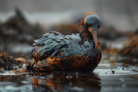 A bird is standing on a beach covered in oil. The scene is bleak and sad, as the bird is suffering from the effects of pollutionの素材