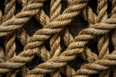 A close up of a bunch of ropes with a lot of knots. The ropes are all different sizes and colors. The image has a somewhat chaotic and tangled appearanceの素材