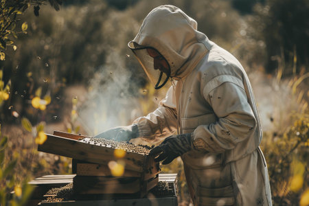 A beekeeper is working in a field with a box of bees. The beekeeper is wearing a white suit and a hatの素材