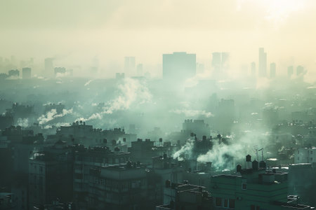 A city skyline with a foggy atmosphere. The sky is hazy and the sun is barely visible. The city is filled with tall buildings and the air is thick with smokeの素材