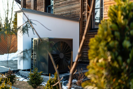 A black and silver air conditioner sits on a porch. The air conditioner is surrounded by a small garden with plants and rocksの素材