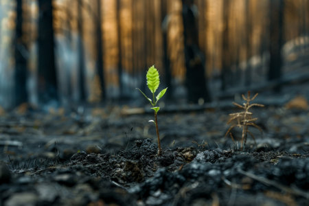 A small green plant is growing in the dirt. The image has a mood of hope and new beginningsの素材