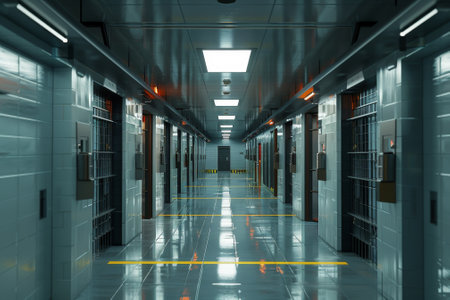 A long hallway with a metal door in the middleの素材