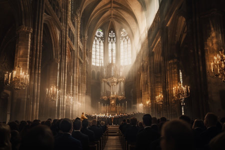 A large church with a choir singing in the background. Scene is solemn and peacefulの素材