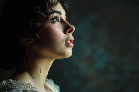 A woman with a beautiful face and a white dress. She is looking up at somethingの素材