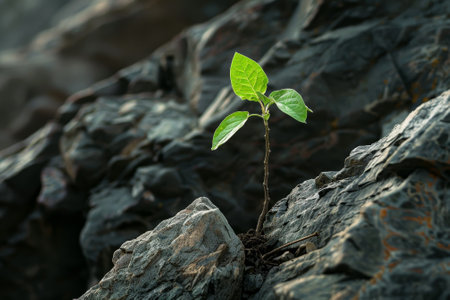 A small green plant is growing in a rocky area. The plant is surrounded by rocks and he is thriving in the harsh environment. Concept of resilience and determination, as the plant is able to growの素材