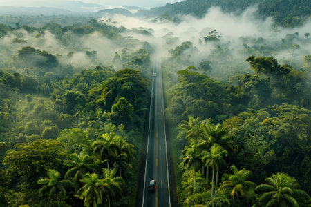 A road in a jungle with a car driving down it. The jungle is lush and green, with trees and plants everywhere. The sky is cloudyの素材