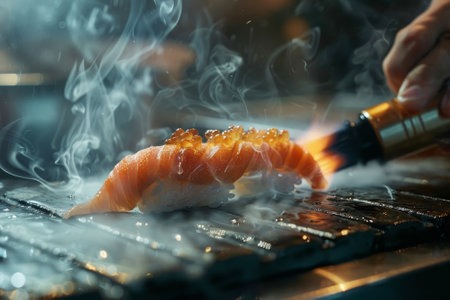 A person is cooking a piece of food on a grill, and the smoke from the grill is risingの素材