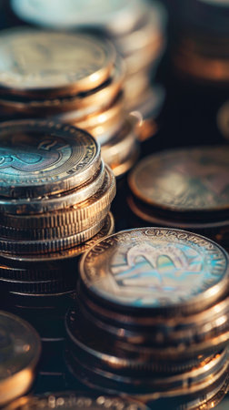 A pile of coins with a crown on one of them. The coins are of different sizes and colorsの素材