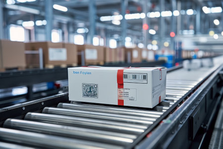 A white box with a red sticker on it is sitting on a conveyor belt in a factoryの素材