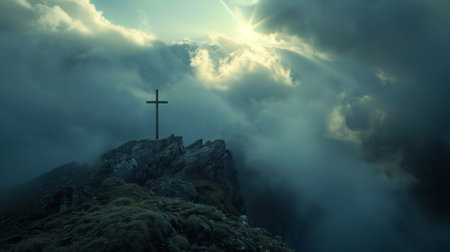A mountain with a cross on top and a sun shining on it. The sun is shining through the clouds, creating a beautiful and serene atmosphereの素材