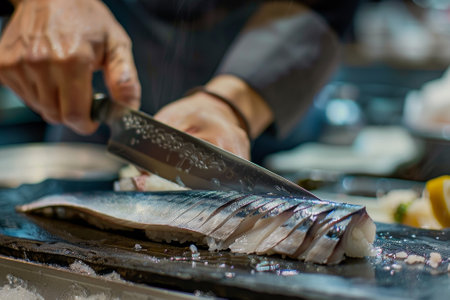 A chef is cutting a fish with a knife. The knife is sharp and the fish is sliced into thin piecesの素材