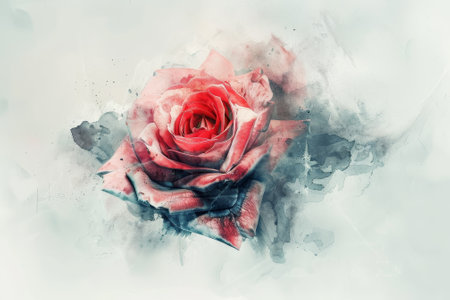 A rose is the main focus of the image, with its petals and stem visible. The rose is pink and he is in a watercolor style, with a splashy background. Scene is soft and delicateの素材