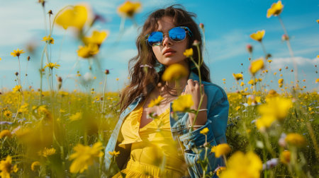 A woman is sitting in a field of yellow flowers, wearing a yellow dress and sunglasses. The scene is bright and cheerful, with the sun shining down on the flowers and the womanの素材