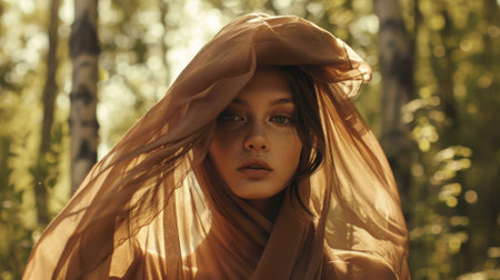A woman wearing a brown scarf is standing in a forest. The scarf is covering her face and neck, and she has a serious expression on her faceの素材