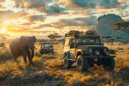 A jeep is driving through a desert with a group of elephants in the background. The scene is peaceful and serene, with the sun setting in the distanceの素材