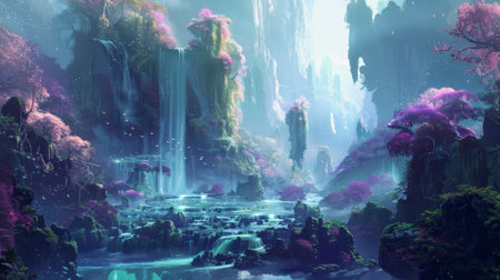 A lush, colorful landscape with a waterfall and a river. The scene is serene and peaceful, with the water flowing gently over the rocks. The colors are vibrant and the atmosphere is calmingの素材