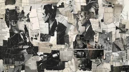 A collage of newspaper clippings with a man and woman kissing. Scene is romantic and intimateの素材