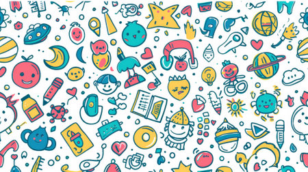 A colorful background with many cartoon faces and objectsの素材