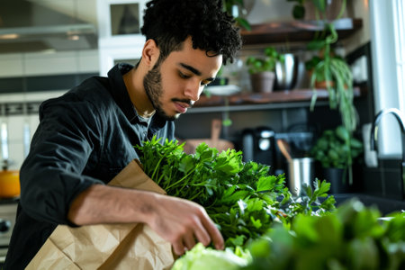 A man is in a kitchen looking at a bag of greens. He is reaching for the bag and he is interested in the contentsの素材