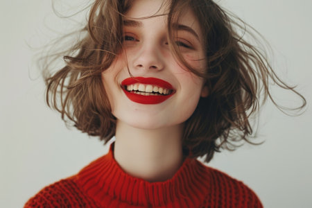 A woman with red hair and a red sweater is smiling. She is wearing red lipstick and has a red shirt onの素材
