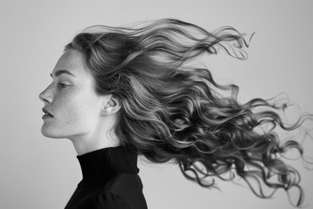 A woman with long hair is standing in front of a white background. The hair is styled in a way that it is blowing in the wind. The woman's face is the main focus of the imageの素材