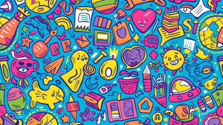 A colorful background with various cartoon characters and objects such as a cup, a book, a fish, and a heartの素材