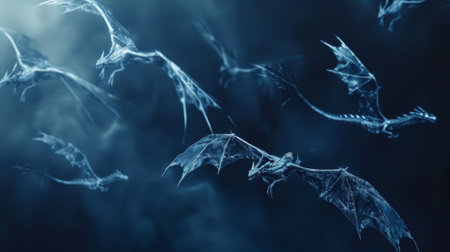 A group of blue dragons flying in the sky. The image has a dreamy and ethereal quality to it, with the dragons appearing to be made of ice or some other translucent materialの素材