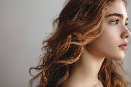 A woman with long brown hair and a tan complexion. She has a small smile on her faceの素材